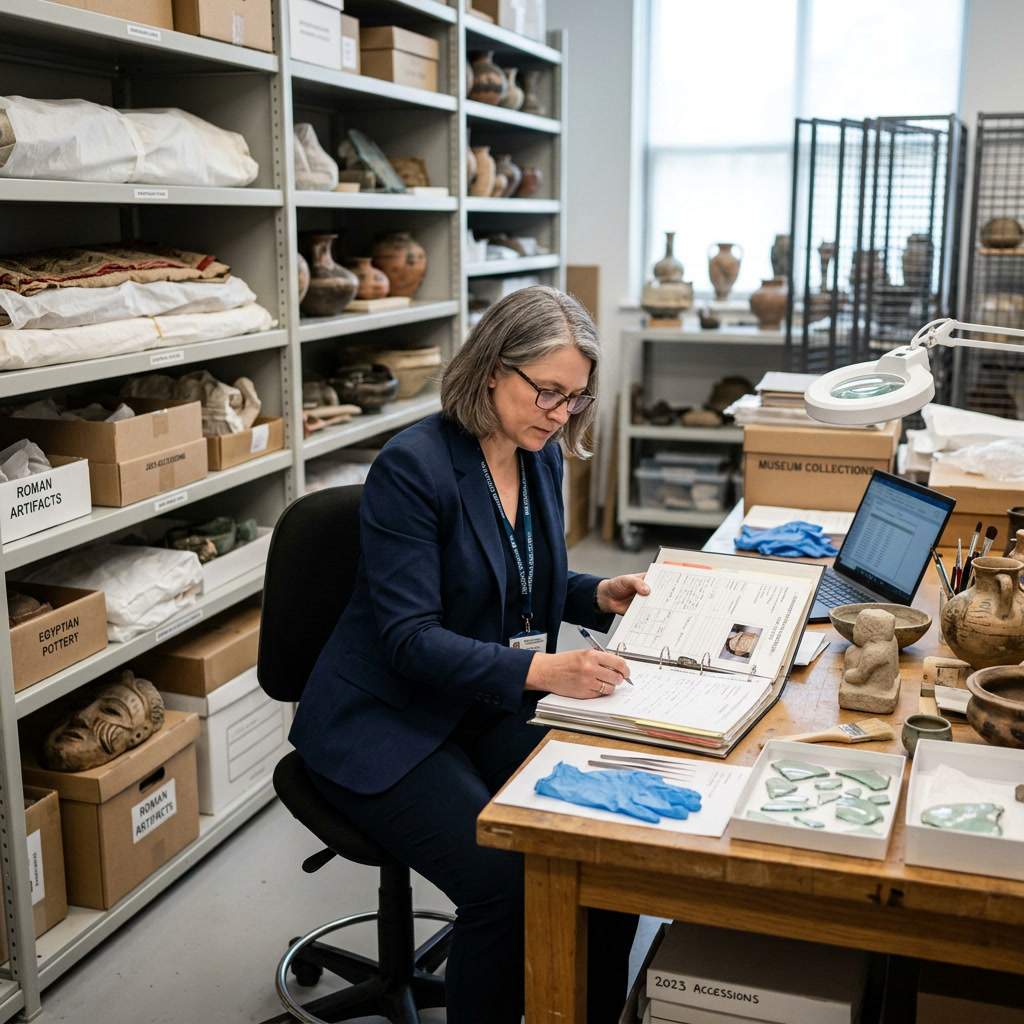Collections manager in Philadelphia history museum archive room Collections manager in Philadelphia history museum archive room