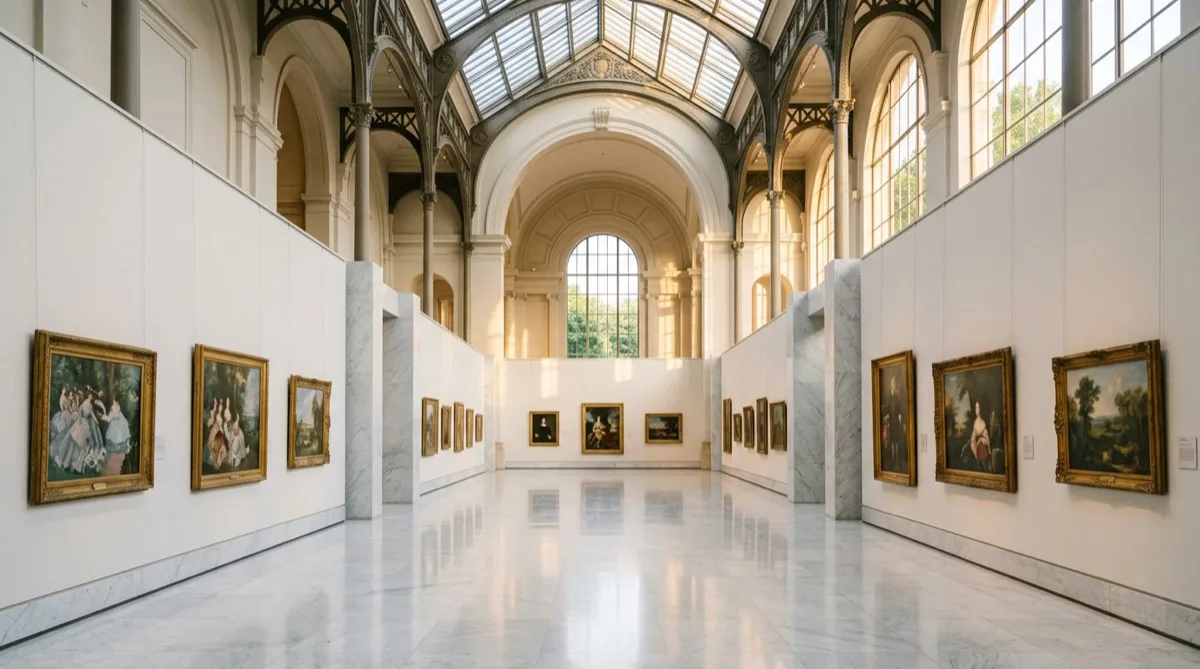 Sunlit Philadelphia museum gallery with large glass facade creating UV and glare exposure