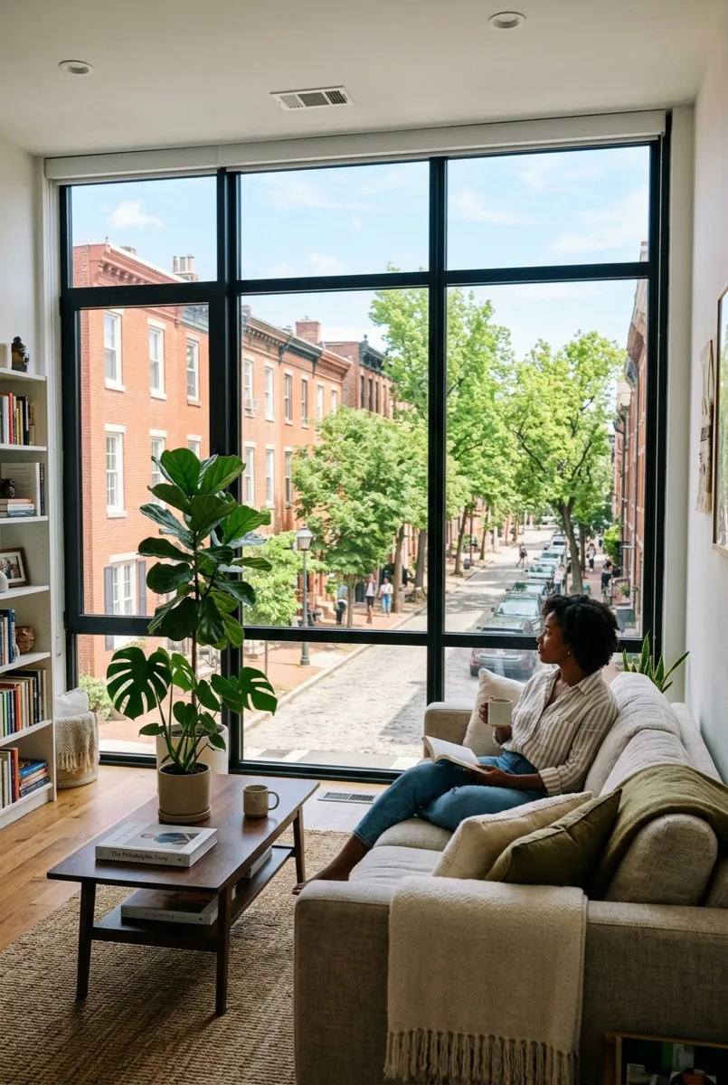 Nanoceramic energy-saving window film on Philadelphia apartment windows, rejecting heat and UV without metallic tint or signal interference