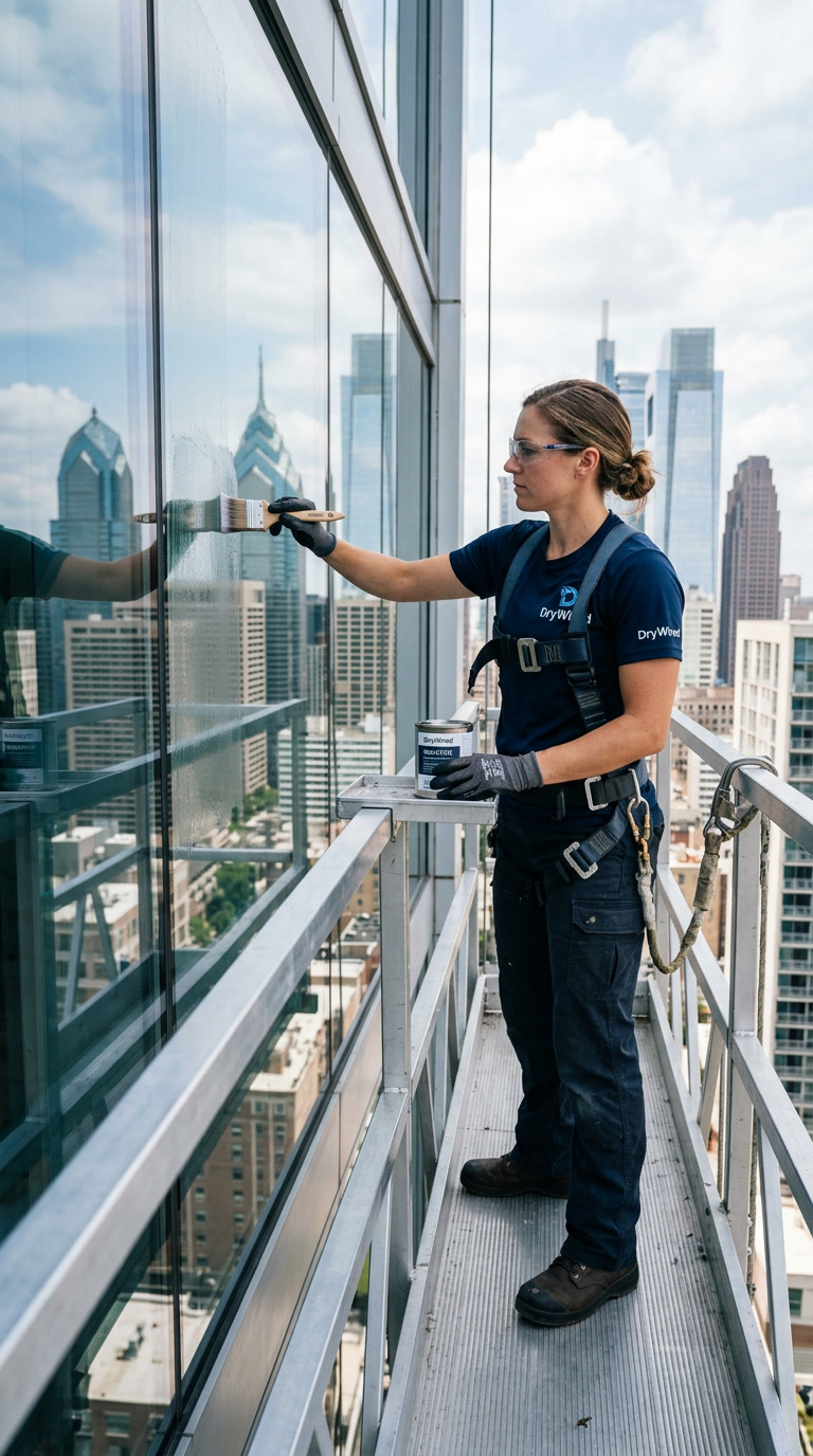 Certified NanoTint installer applying liquid coating to specialty Philadelphia glass