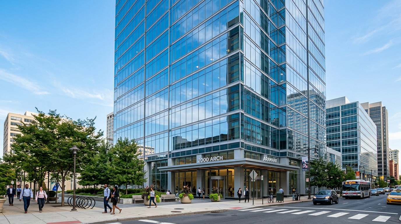 Philadelphia commercial office building exterior with solar control window film on glass facade