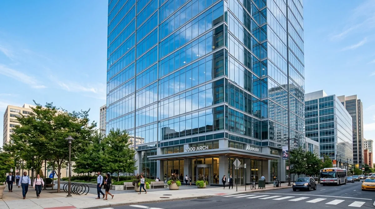 Philadelphia commercial office building exterior with solar control window film on glass facade