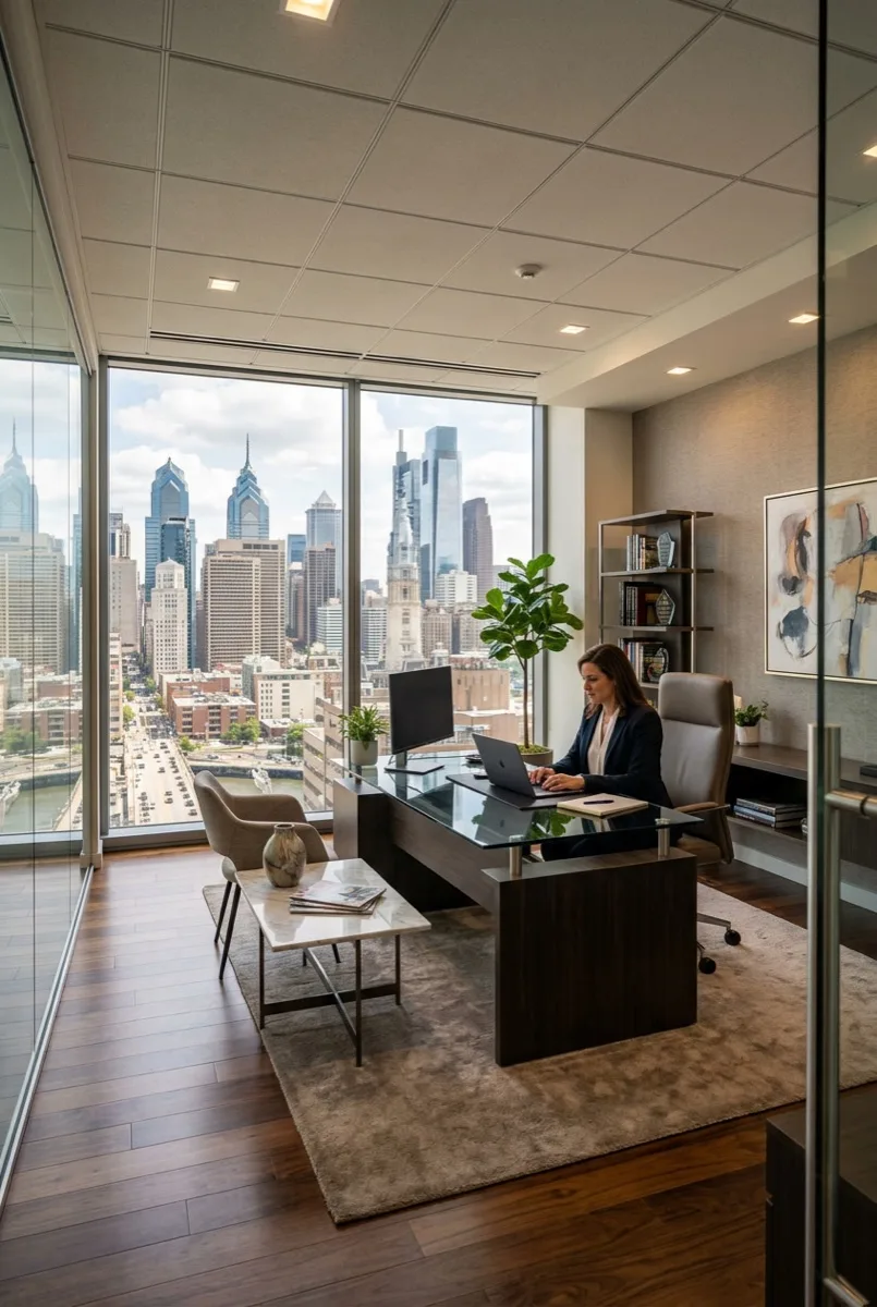 Multi-floor Center City Philadelphia office building interior after 3M Prestige 70 window film installation — softened daylight, clear Philadelphia skyline views