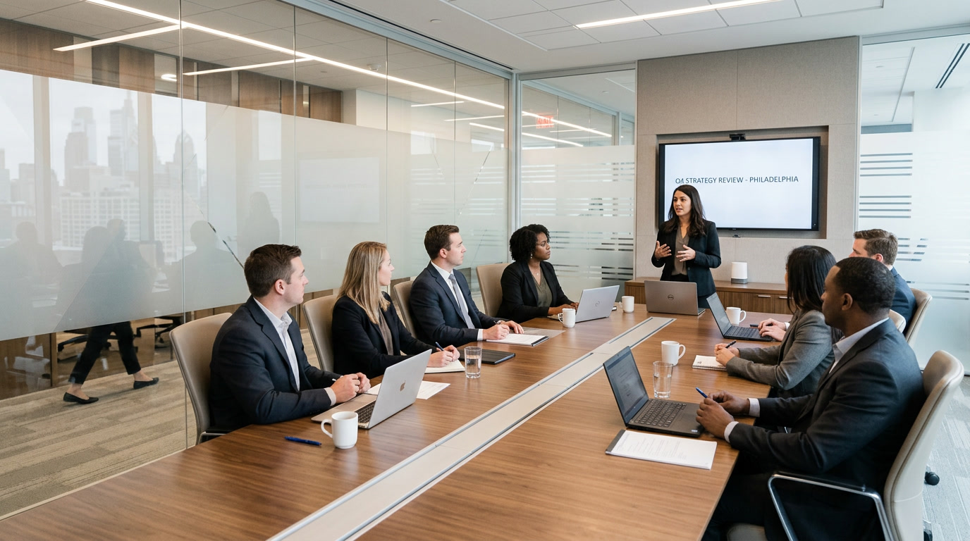 Glass conference room with frosted privacy window film in a Philadelphia office building
