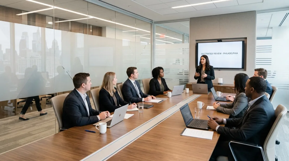 Glass conference room with frosted privacy window film in a Philadelphia office building