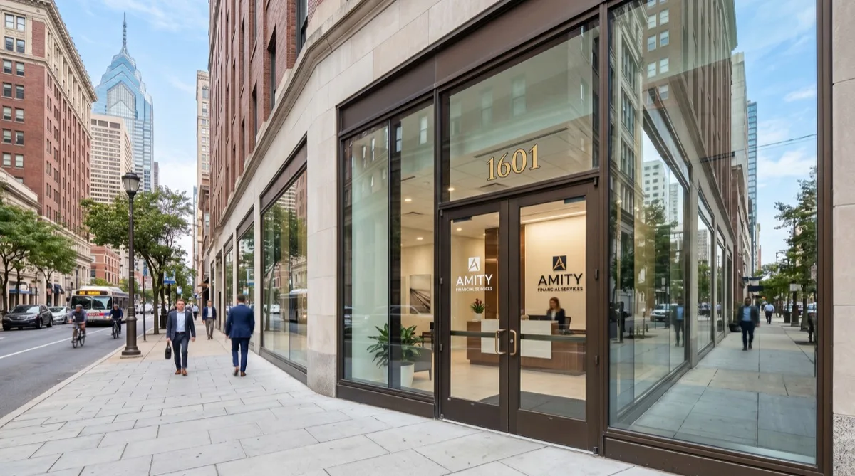 Clean protected ground-floor Philadelphia commercial office glass storefront — anti-graffiti window film