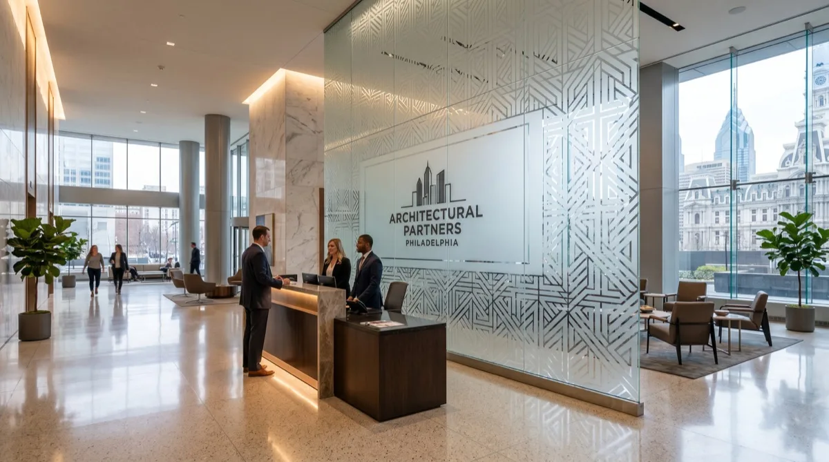 Branded decorative window film in a Philadelphia corporate office lobby with custom etched glass pattern