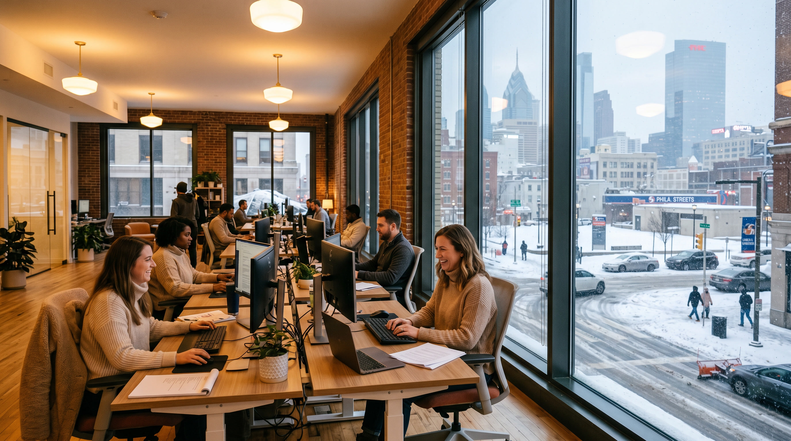 Warm cozy Philadelphia office interior in winter with energy-efficient Low-E window film keeping heat inside