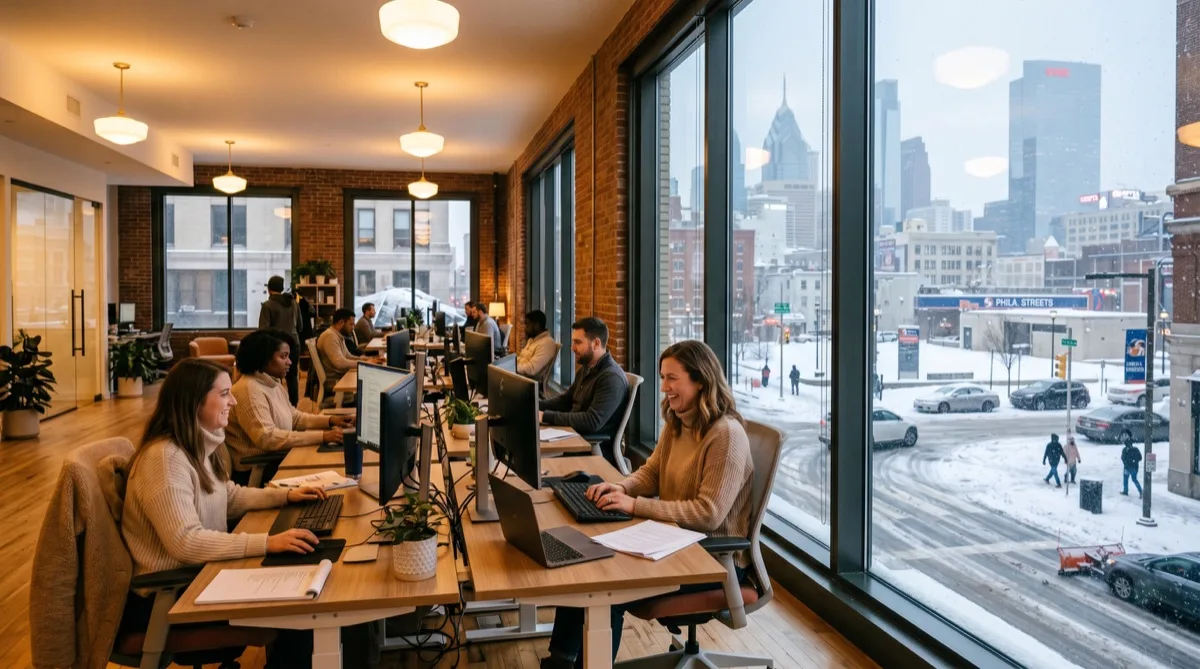 Warm cozy Philadelphia office interior in winter with energy-efficient Low-E window film keeping heat inside