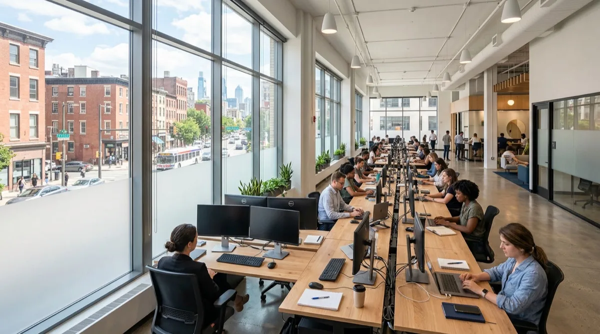 Philadelphia co-working space with privacy and solar window film — frosted lower panels, bright open workspace