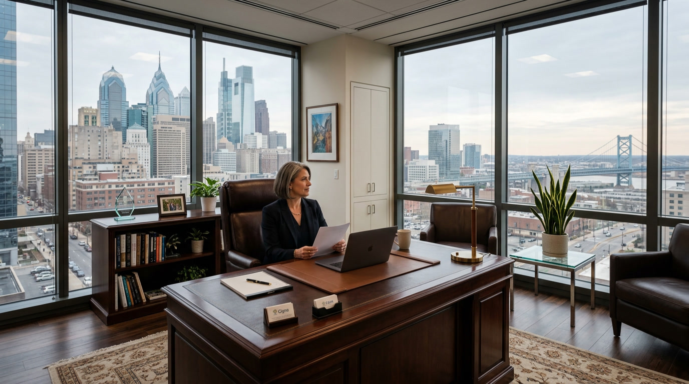 Philadelphia executive corner office with solar control window film — city skyline view, softened natural light