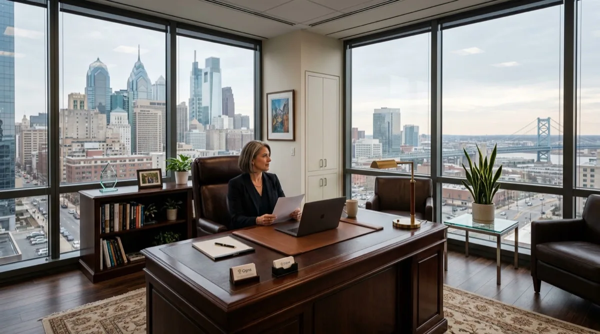 Philadelphia executive corner office with solar control window film — city skyline view, softened natural light