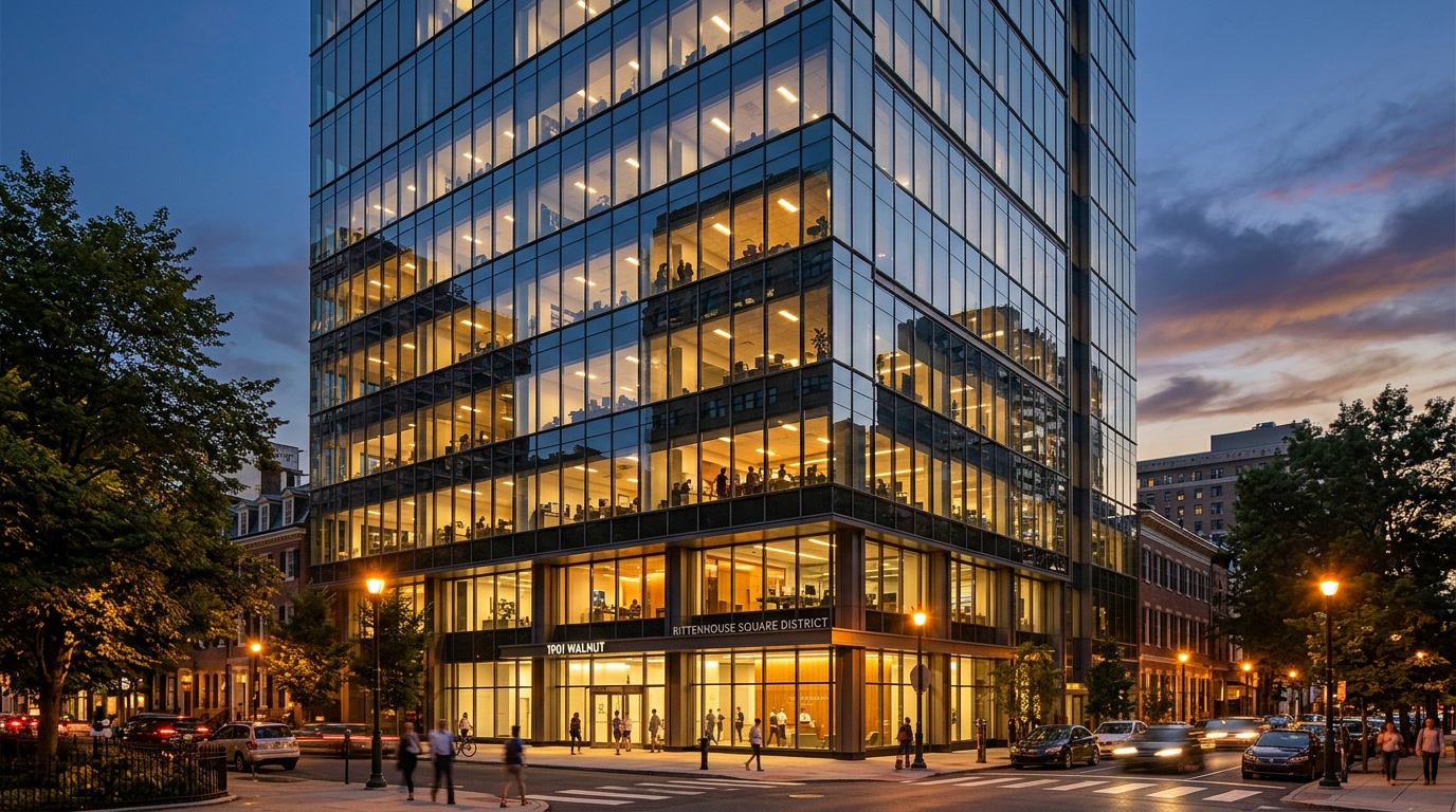 Philadelphia Rittenhouse Square office building exterior at dusk — energy efficient tinted glass curtain wall with window film