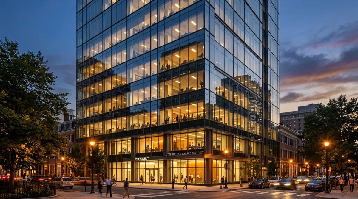 Philadelphia Rittenhouse Square office building exterior at dusk — energy efficient tinted glass curtain wall with window film