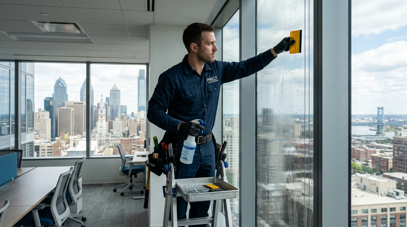Window film technician installing commercial solar control film on Philadelphia high-rise office glass panel