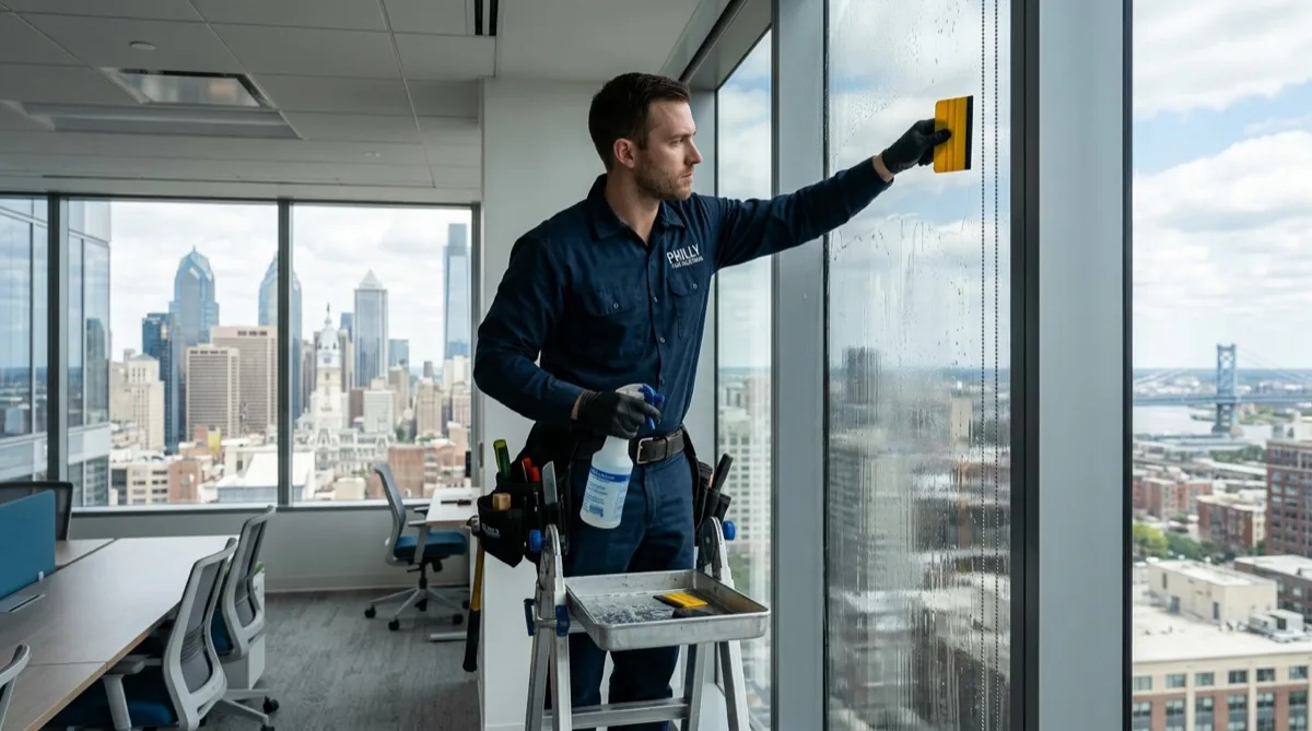 Window film technician installing commercial solar control film on Philadelphia high-rise office glass panel