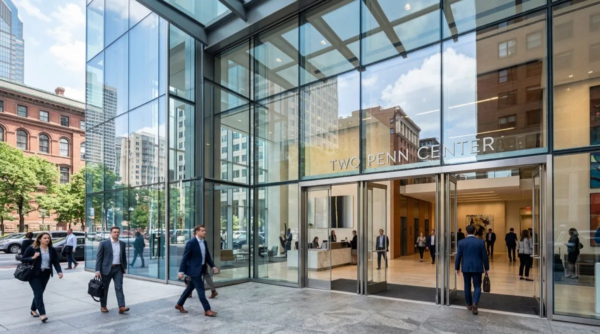 Philadelphia financial district office lobby with tinted curtain wall glass — professional entrance, solar control film