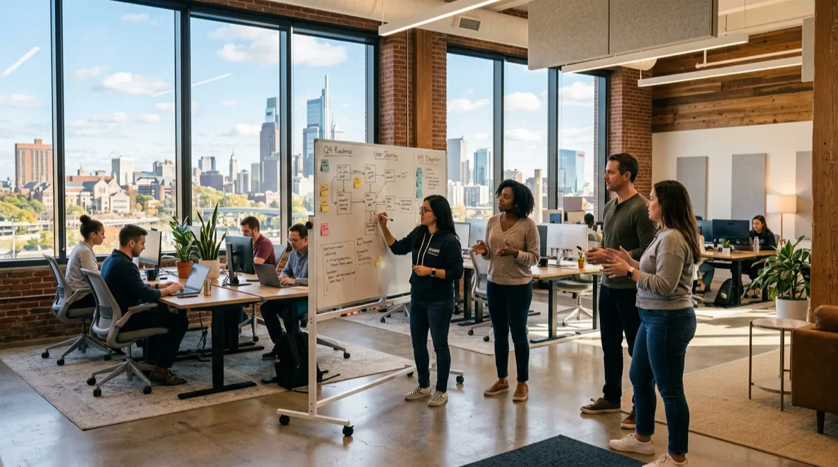 University City Philadelphia tech office with spectrally selective solar window film — collaborative workspace, bright comfortable light