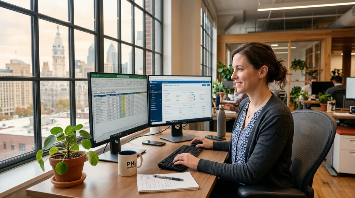Philadelphia office worker comfortable at workstation with glare-free screens — soft filtered light through window film