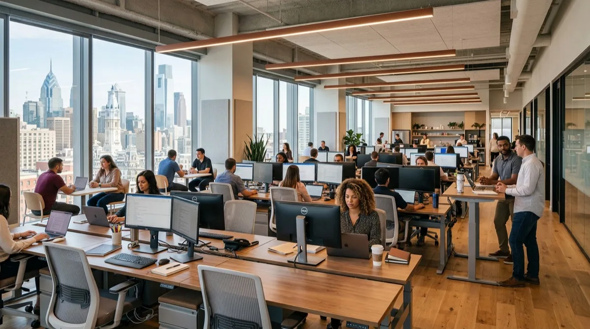 Open plan Philadelphia office floor with solar control window film keeping employees comfortable at their desks