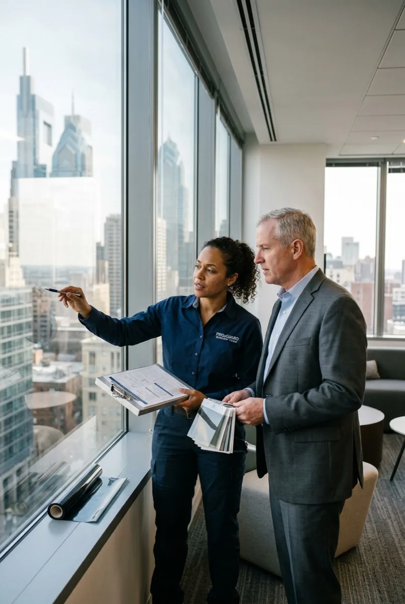 Window film specialist consulting with Philadelphia office property manager — site assessment, film samples, professional evaluation