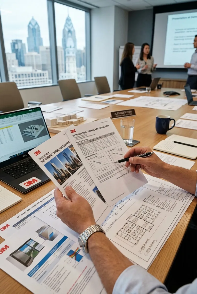 Window film specialist reviewing 3M case study and product spec documents in a Philadelphia office conference room