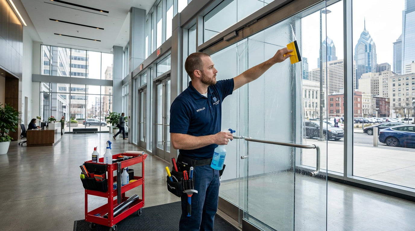 Security window film holding shattered glass intact on a commercial office door — fragment retention in action
