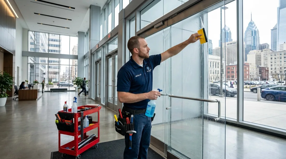 Security window film holding shattered glass intact on a commercial office door — fragment retention in action