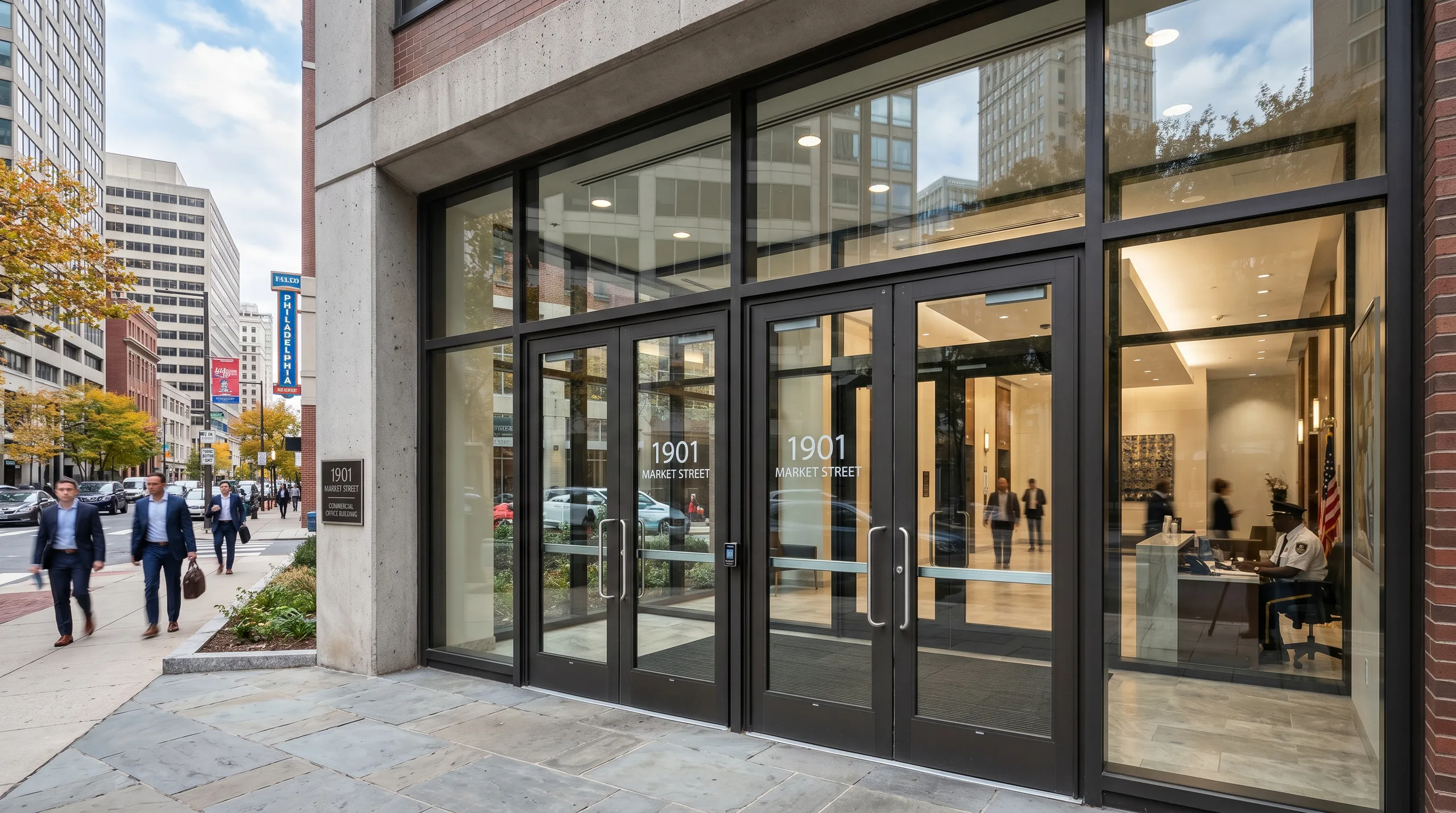 Security window film on Philadelphia commercial office building ground floor entrance