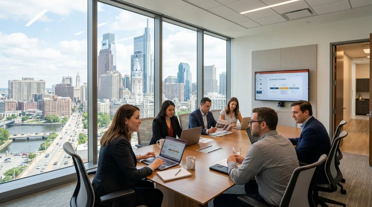 Solar window film in Philadelphia office conference room with floor-to-ceiling glass