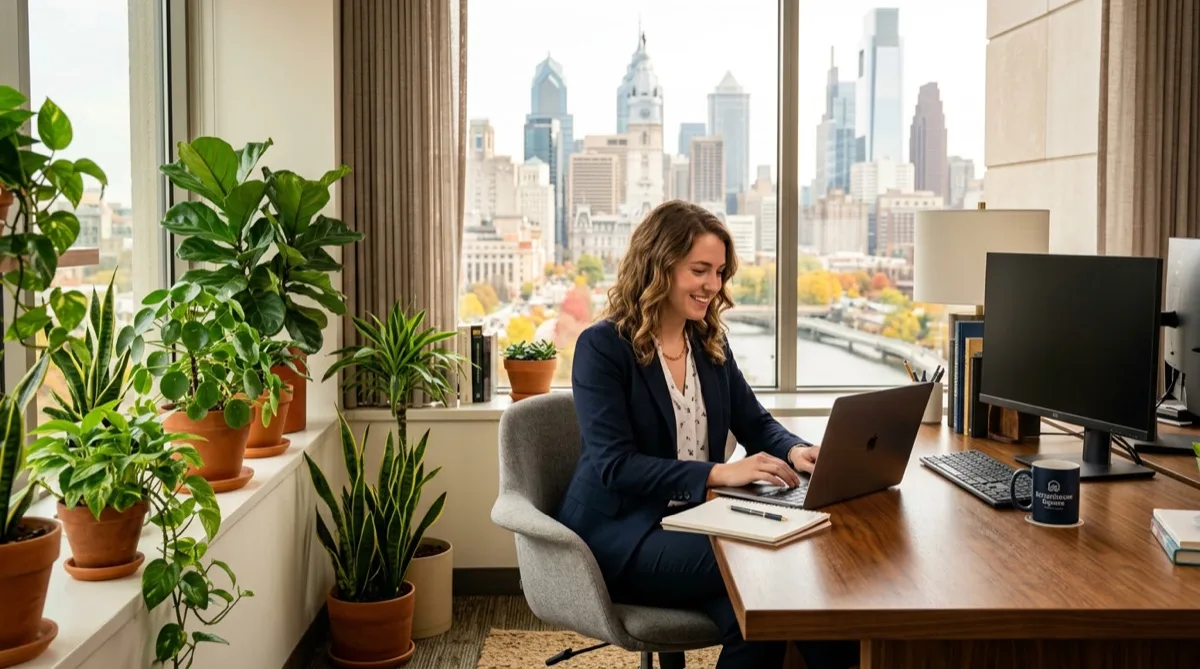Philadelphia office window with UV-protective window film — healthy plants and preserved furnishings near filtered sunlight