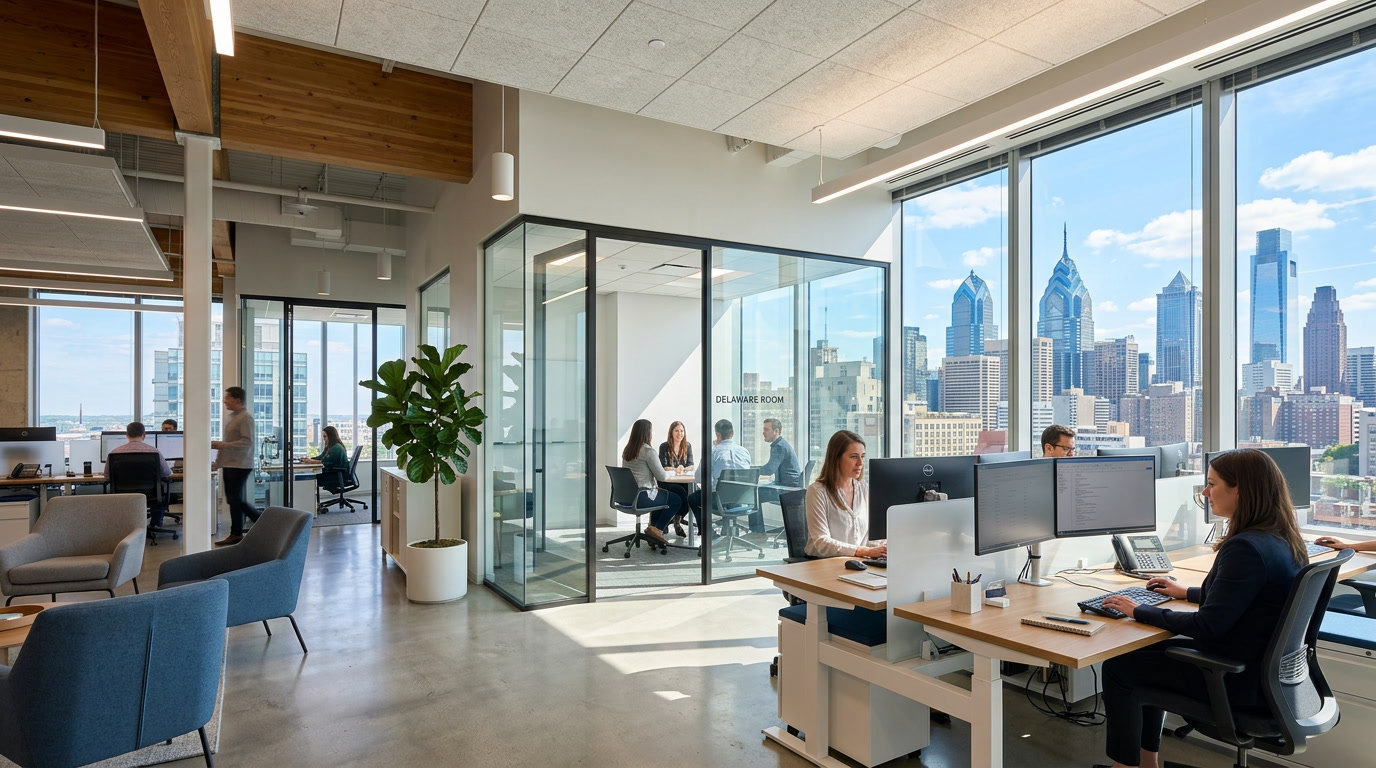 Modern Philadelphia office with heat reducing window film on floor-to-ceiling windows, Center City skyline visible