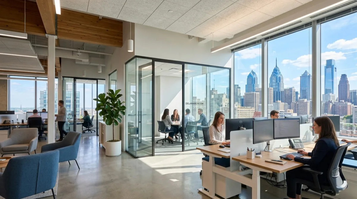 Modern Philadelphia office with heat reducing window film on floor-to-ceiling windows, Center City skyline visible