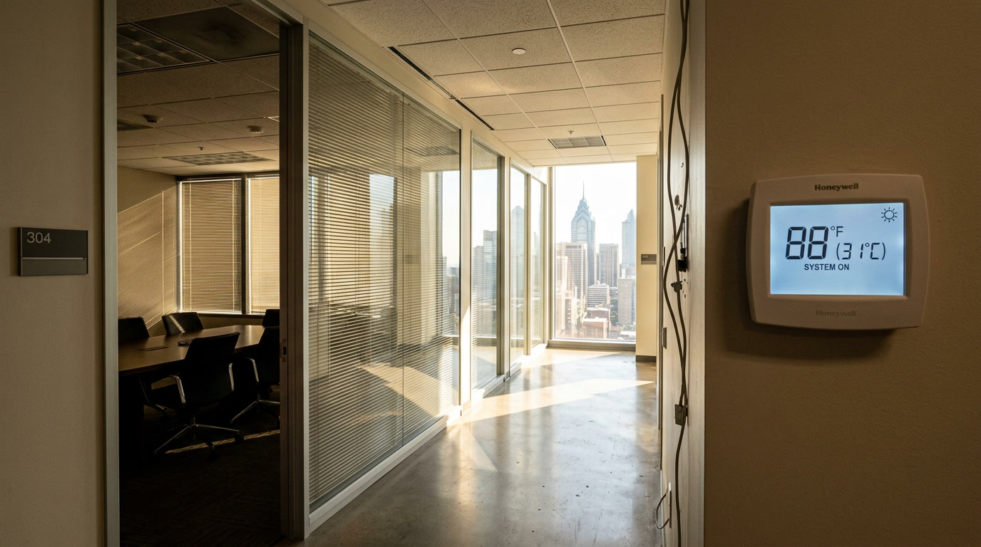 Philadelphia office worker struggling with harsh afternoon glare through untreated windows — the problem office window film solves