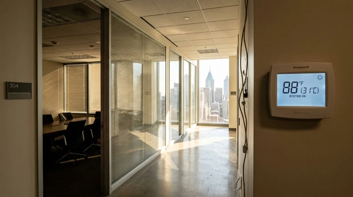 Philadelphia office worker struggling with harsh afternoon glare through untreated windows — the problem office window film solves