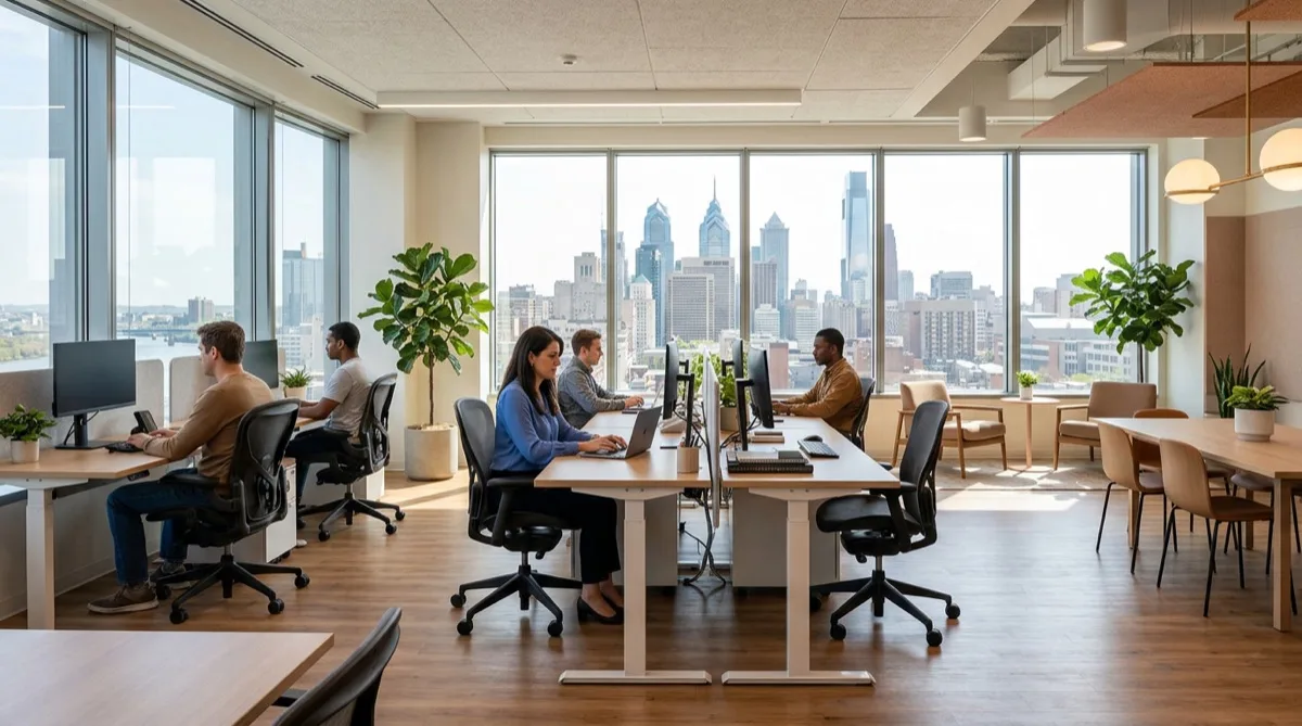 Modern Philadelphia office interior with professionally installed window film — diffused daylight, no glare on screens