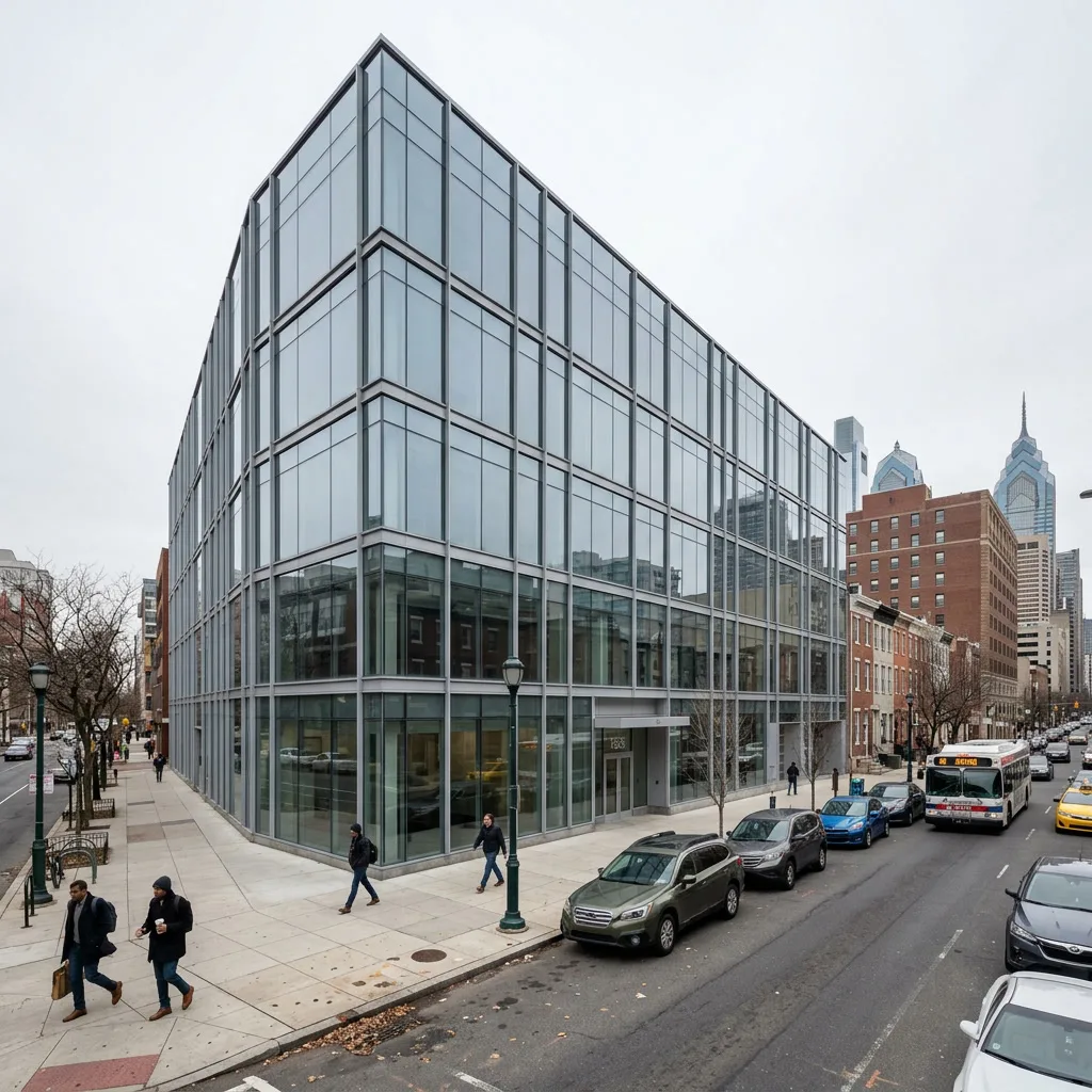 Plain untreated Philadelphia commercial building facade before exterior wrap installation