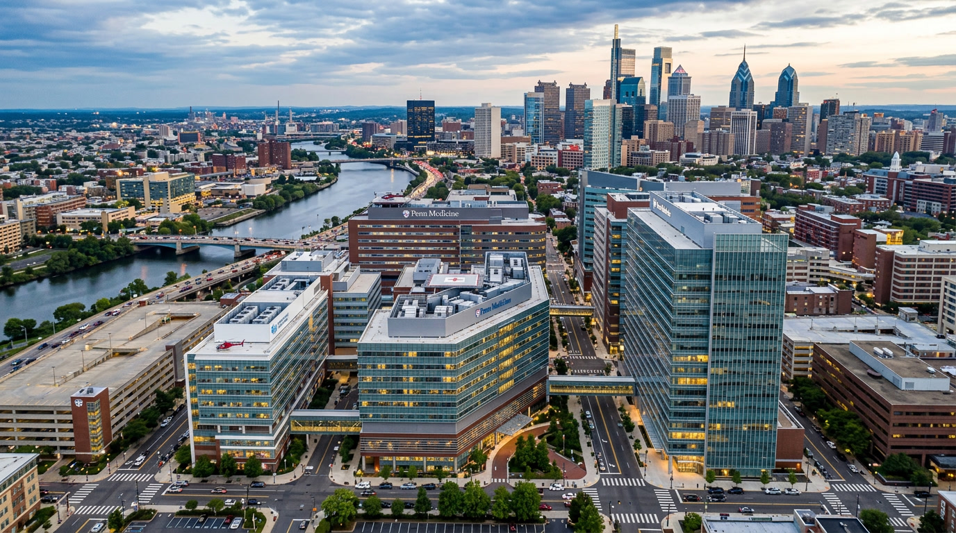 Philadelphia hospital campus rooftop or aerial view, urban medical district