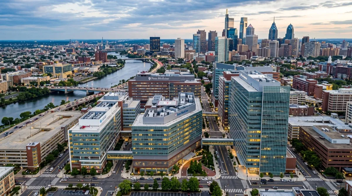 Philadelphia hospital campus rooftop or aerial view, urban medical district