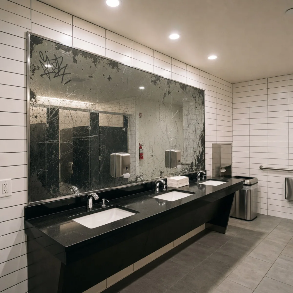 Philadelphia commercial mirror with scratches and tarnishing before mirror refinishing film
