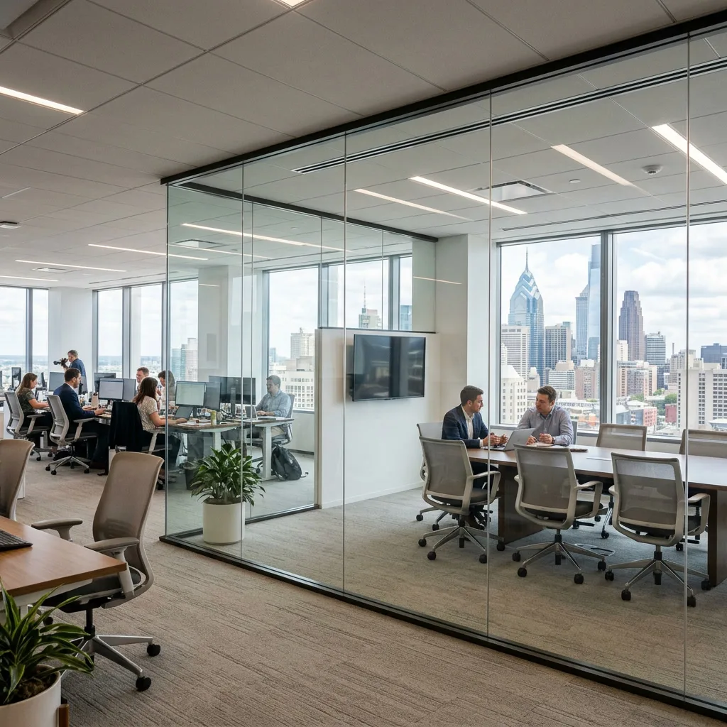 Plain clear Philadelphia office glass partition before decorative window film — full visibility