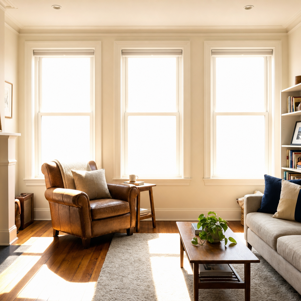 Philadelphia rowhome windows with harsh glare before solar film — untreated glass