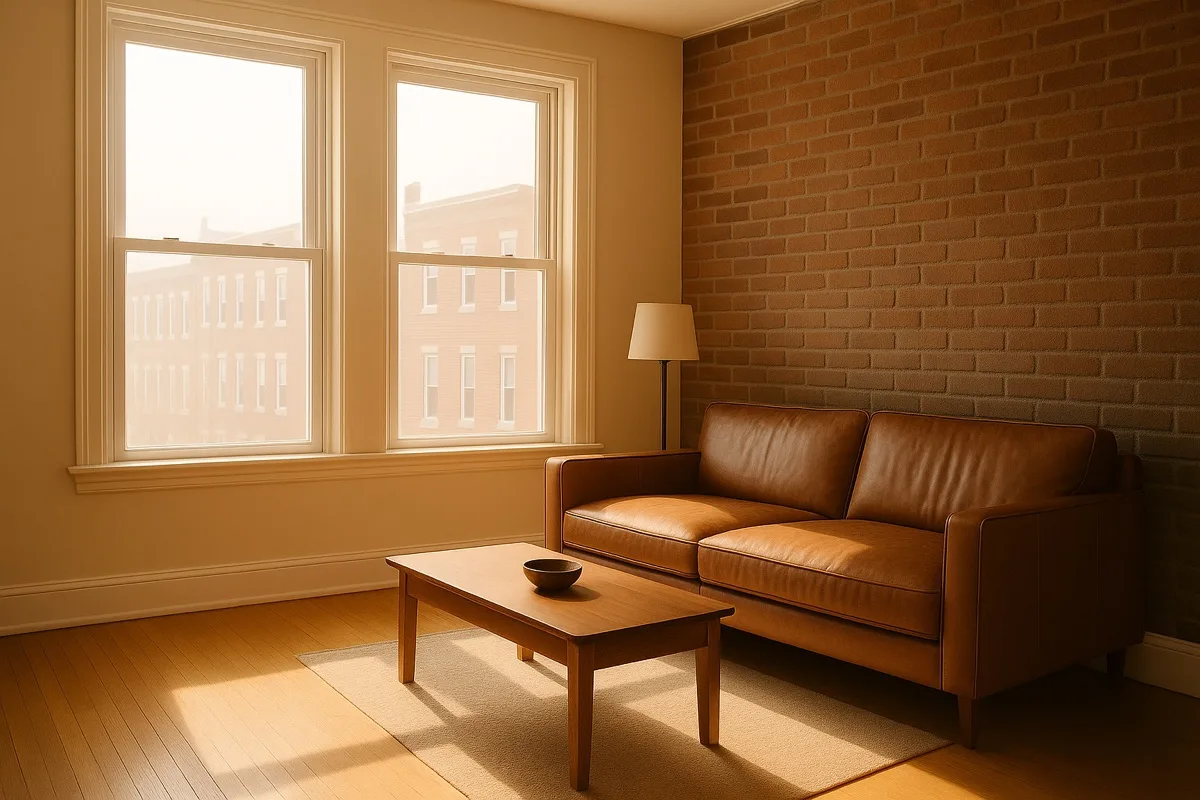 Same Philadelphia living room after window film installation — soft even light, no glare, comfortable atmosphere