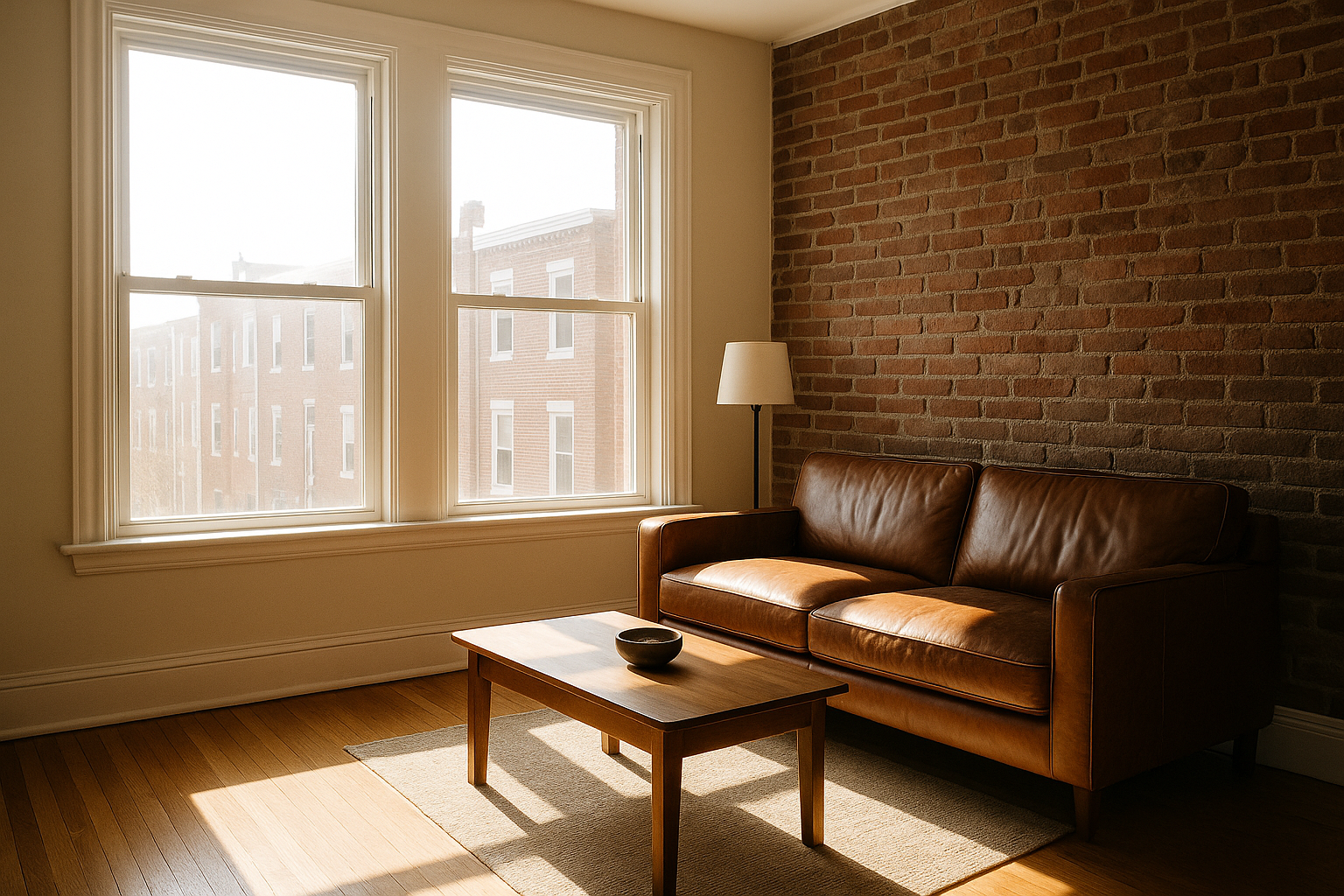 Philadelphia rowhouse living room without window film — harsh glare and overexposed windows