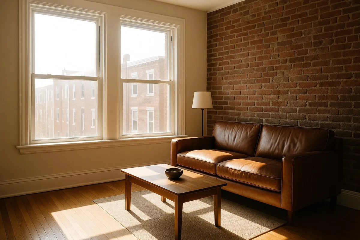 Philadelphia rowhouse living room without window film — harsh glare and overexposed windows