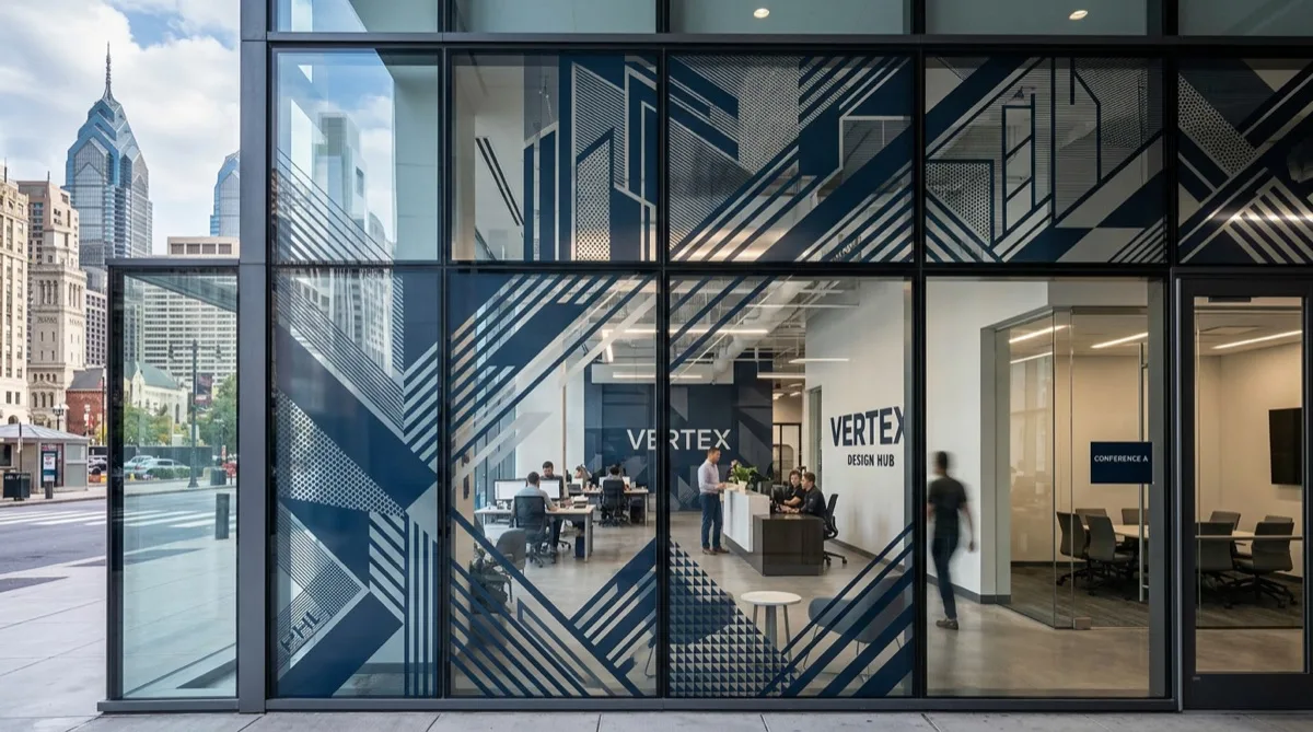 Custom printed UV-blocking decorative window film on Philadelphia commercial glass