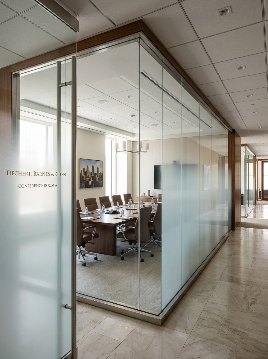 Frosted privacy window film in a Philadelphia law firm conference room