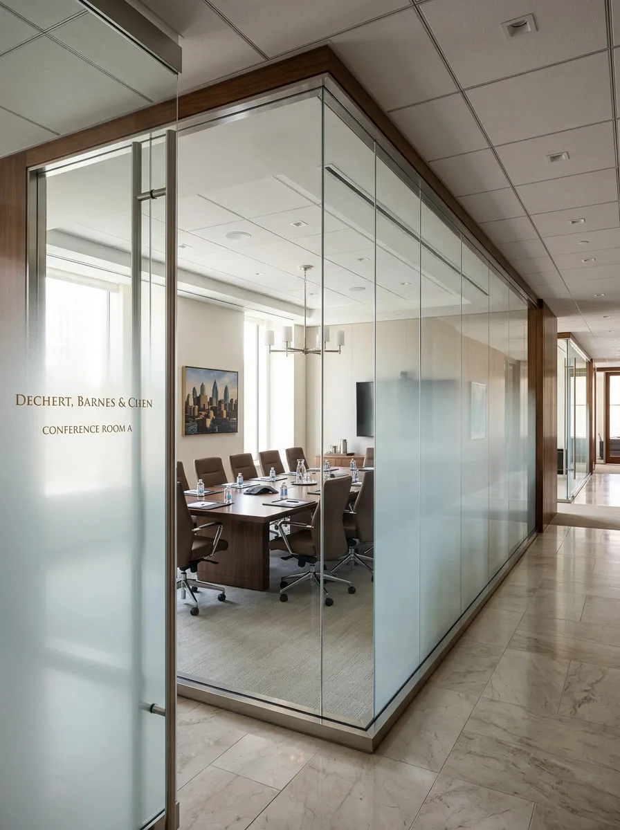 Frosted privacy window film in a Philadelphia law firm conference room