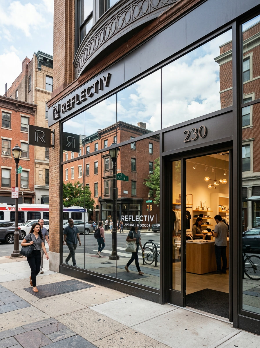 One-way mirror privacy window film on Philadelphia retail storefront