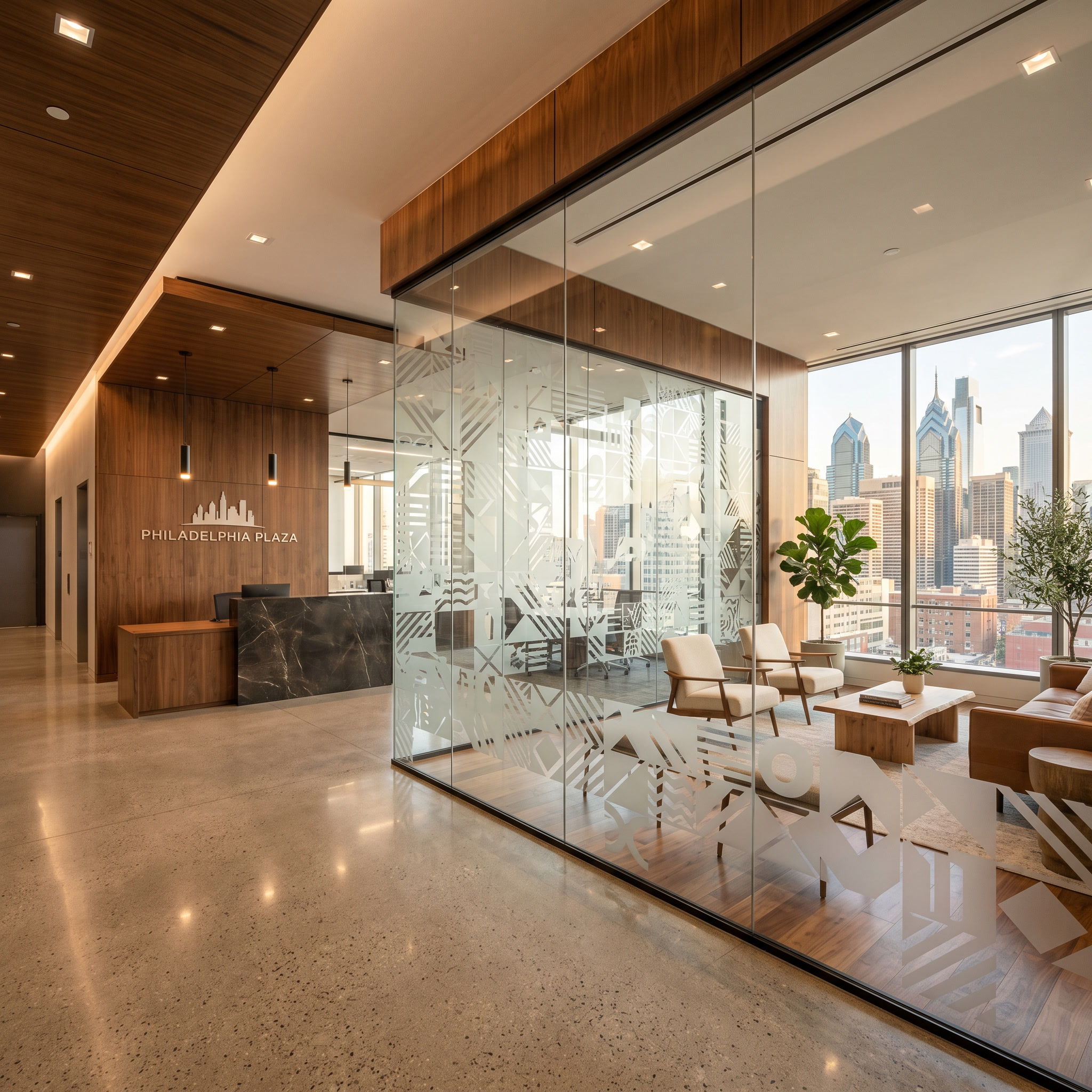 Decorative privacy window film pattern on Philadelphia office lobby glass partition